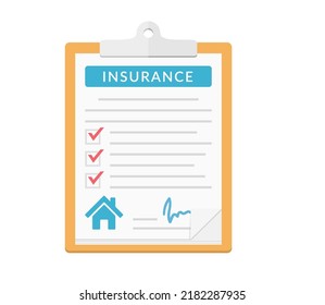 Home insurance concept, clipboard with check boxes and signature, vector eps10 illustration
