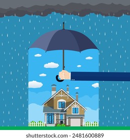 Home insurance concept. Hands hold umbrella over house and protecting house from danger. Insurance business. Vector illustration in flat design.