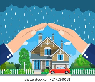 Home insurance concept. Hands protecting house from danger. Insurance business. Vector illustration in flat design.