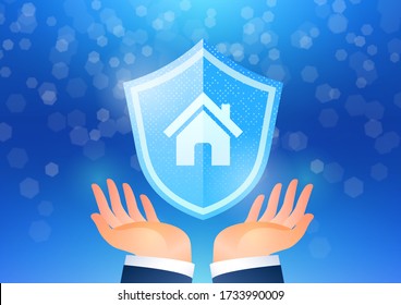 Home Insurance concept. A protection shield with a house icon in the middle floating over a calm gesture of businessman's hands. Business concept vector illustration.