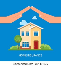 Home insurance concept. Vector illustration in flat design. Hands protecting house. Insurance business.