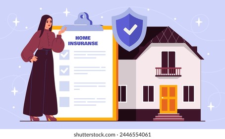 Home insurance concept. Woman with financial literacy and passive inome. Safety and protection of real estate and private property. Cartoon flat vector illustration isolated on blue background