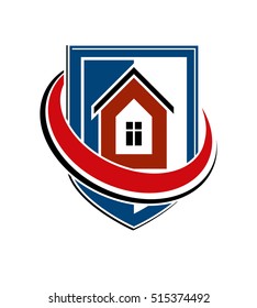 Home insurance conceptual icon, protection shield with vector simple house. Design element, construction idea. Heraldry.

