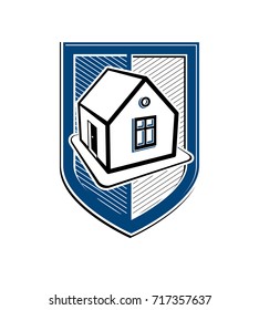 Home insurance conceptual vector icon, protection shield with simple house. Design element, construction idea. Heraldry.