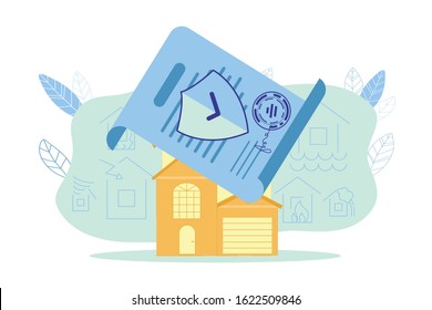 Home Insurance Contract Document, Bright Flyer. Signed Contract Covers Houses Roof. In Background Cases are from which Company Protects: Floods, Fires, Hurricanes, Tree Falls and Another.