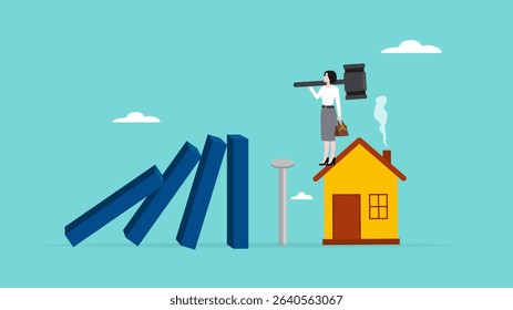 home insurance, guarantee to protect the house from damage or loss of contents and structure, woman homeowner drives in concrete nails to protect the house from the beam that will hit it
