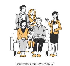 Home and Insurance Guidance – Family Support Visuals. A woman guiding families on housing and insurance. Great for real estate, family services, and advice visuals in websites, brochures, and ads.