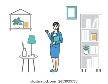 Home and Insurance Guidance – Family Support Visuals. A woman guiding families on housing and insurance. Great for real estate, family services, and advice visuals in websites, brochures, and ads.