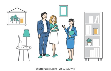 Home and Insurance Guidance – Family Support Visuals. A woman guiding families on housing and insurance. Great for real estate, family services, and advice visuals in websites, brochures, and ads.