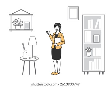 Home and Insurance Guidance – Family Support Visuals. A woman guiding families on housing and insurance. Great for real estate, family services, and advice visuals in websites, brochures, and ads.