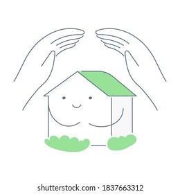 Home insurance, hands saving small cute house with a roof, it is in caring female hands. Flat line vector illustration