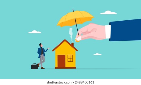 home insurance or homeowners protection, security shield concept, guarantee to protect the house from damage or loss of contents and structure, big businessman hand covers the house and its owner