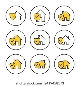 Icon-Set-Vektorgrafik der Heimversicherung. Hausschutzzeichen und -zeichen