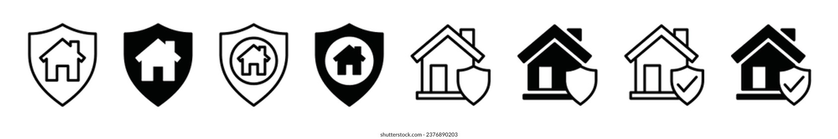 Home insurance icons. House with shield protection. Real estate, property, residence, apartment with shield and check mark symbol in line and flat style on white background for apps and websites