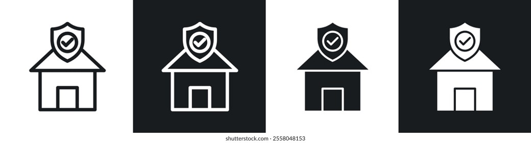 Home insurance icons pack in black and white filled and outlined versions.