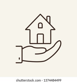 Home insurance line icon. House building on hand. Insurance concept. Vector illustration can be used for topics like safety, damage, accident, protection