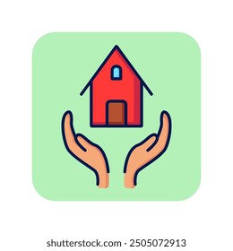 Home insurance line icon. Two hands holding house on green background. Insurance concept. Vector illustration can be used for topics like mortgage, insurance, safety