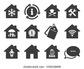 Home insurance, maternity hospital and wifi internet signs. Discount offer tag, chat, info icon. Real estate icons. Restaurant, service and air conditioning symbols. Classic style signs set. Vector