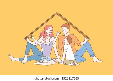 Metáfora do seguro residencial, conceito de memórias de infância feliz. Pais e filhos brincando juntos, crianças desfrutando de passatempo comum, atividades de lazer com mamãe e papai. Vetor plano simples