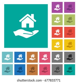 Home insurance multi colored flat icons on plain square backgrounds. Included white and darker icon variations for hover or active effects.