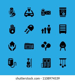 home insurance, plant, microphone, violin, news paper, drop of water on hand, tablets, promotion and drop counter vector icon. Simple icons set