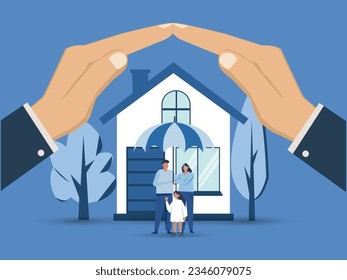 Home insurance property security concept. Car insurance agent money holding in hands of house, protection from harm, keep safe flat design illustration vector.