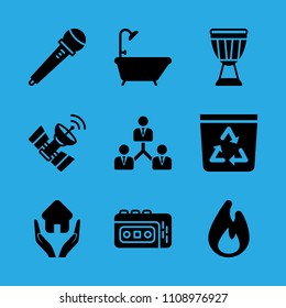 home insurance, recorder, drum, microphone, collaboration, recycle bin, satellite, bathtub and fire vector icon. Simple icons set