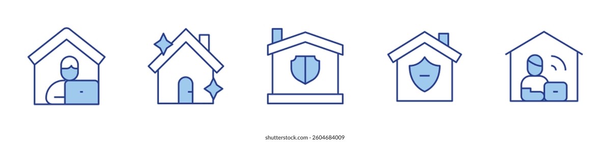 home insurance, home security, remote, work from home, house. Home Icon vector illustration. Line Duotone style. Editable stroke.