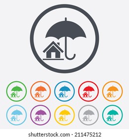 Home insurance sign icon. Real estate insurance symbol. Round circle buttons with frame. Vector