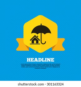 Home insurance sign icon. Real estate insurance symbol. Yellow label tag. Circles seamless pattern on back. Vector