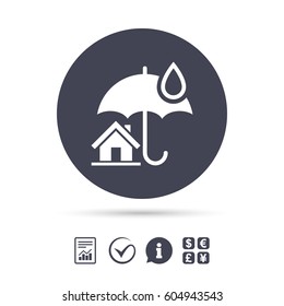 Home insurance sign icon. Real estate insurance symbol. Report document, information and check tick icons. Currency exchange. Vector