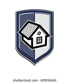 Home insurance vector conceptual icon, protection shield with simple house. Design element, construction idea. Heraldry.