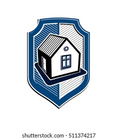 Home insurance vector conceptual icon, protection shield with a simple house. Design element, construction idea. Heraldry.