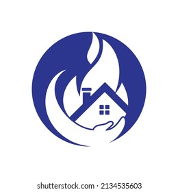 Concepto del logotipo del vector del seguro del hogar. Mano con fuego y diseño del logo del icono del hogar.	