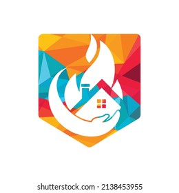 Home insurance vector logo concept. Hand with fire and home icon logo design.	