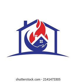 Home insurance vector logo concept. Hand with fire and home icon logo design.	