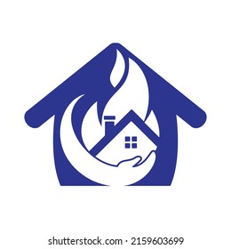 Concepto del logotipo del vector del seguro del hogar. Mano con fuego y diseño del logo del icono del hogar.	