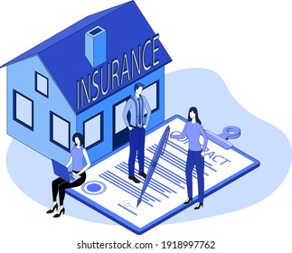 Home insurance.A residential building next to a paper contract.The concept of housing security.3d image.Isometric vector illustration.