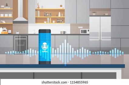 Home intelligent voice activated assistant recognition technology concept kitchen interior background smart ai speaker hi tech futuristic artificial intelligence speech horizontal flat vector