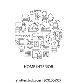Diseño de concepto lineal abstracto interno con titular. El mobiliario y la decoración de la casa son minimalistas. Estilo de vida acogedor. Dibujos gráficos de línea delgada. Iconos de contorno vectorial aislado para el fondo