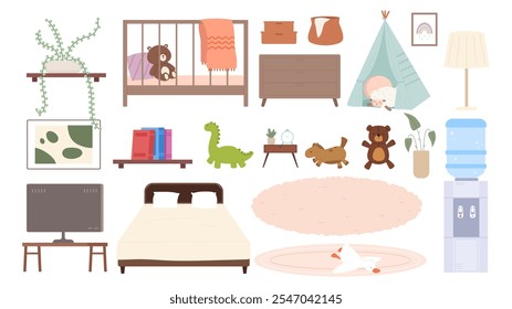 Home interior and accessories. Bed for baby and adults, children toys, carpets, cooler with water. Tv on table, plant, books on shelf, vector collection