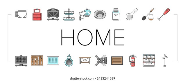 home interior accessories design icons set vector. furniture design, room lamp, modern decor, object decoration, sofa bathroom house home interior accessories design color line illustrations