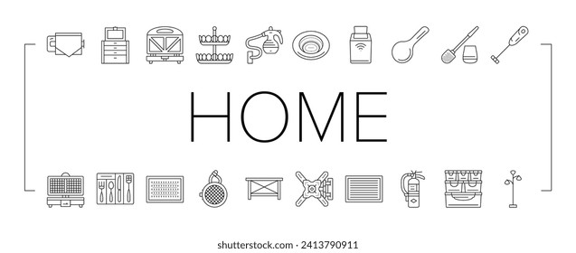 home interior accessories design icons set vector. furniture design, room lamp, modern decor, object decoration, sofa bathroom house home interior accessories design black line illustrations