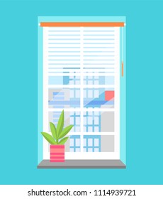 Home interior banner colorful vector illustration of window on blue wall with white frame, clean glitter glass and pretty view on downtown of city