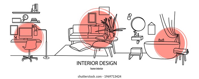 Home interior banner. Vector scheme of house: living room, office and bathroom.