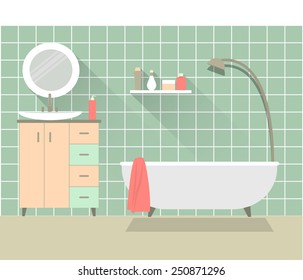 Home interior. Bathroom interior design with long shadows. Modern flat design illustration  for web site, print, poster, presentation, infographic. EPS 10 vector file.