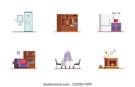 Home interior, bathroom, kitchen, living room, dining room, fireplace vector Illustration on a white background