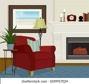 Interior interior con gran silla roja, chimenea, lámpara de piso y planta de casa. Estilo plano con perspectiva, mínimo detalle, textura y sombra.