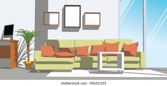 Home interior with big window green sofa and orange pillows