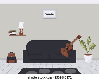 Home interior boy teenager room . Furniture pieces in schoolboy place. Vector illustration. Trendy living room furniture. Table, schoolbag , guitar, lamp, chair and houseplant on grey background